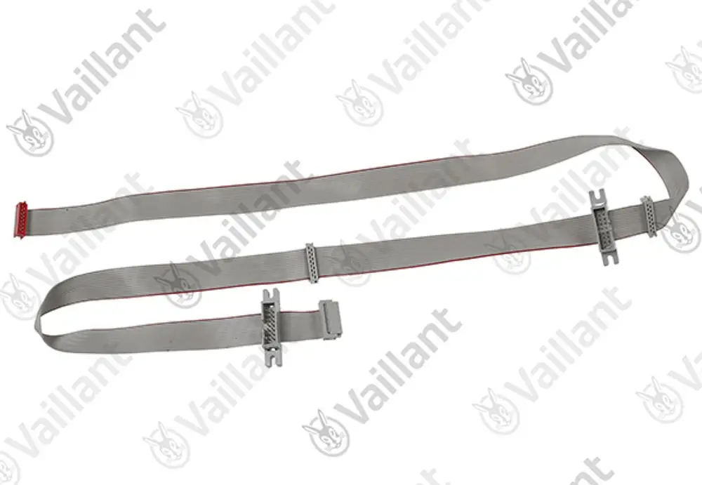 Flaches Kabel von Vaillant mit mehreren Verbindungselementen, bestehend aus einem grauen Band mit roten Akzenten an den Enden.